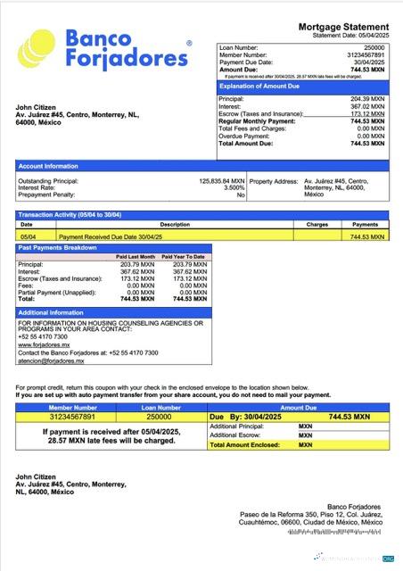 Download Mexico Banco Forjadores mortgage statement Word and PDF template Photoshop template